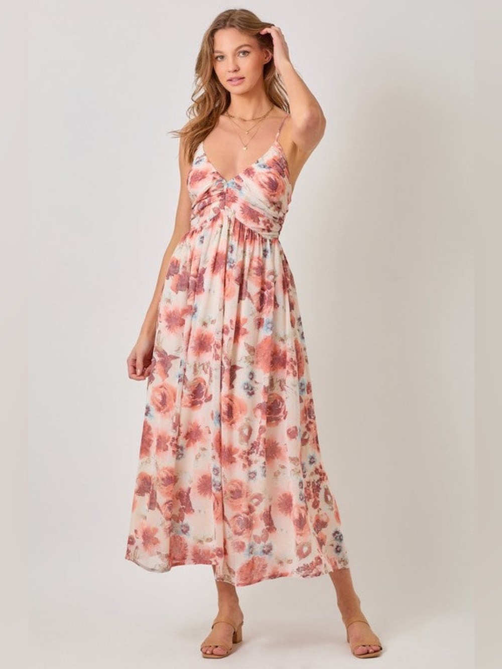 NWT Mystree Floral Maxi Dress Cross Back Pleated V Neck Medium
